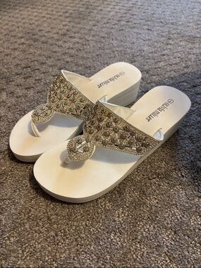 Olivia Miller White Sandal with Silver Beaded Accent Wedge